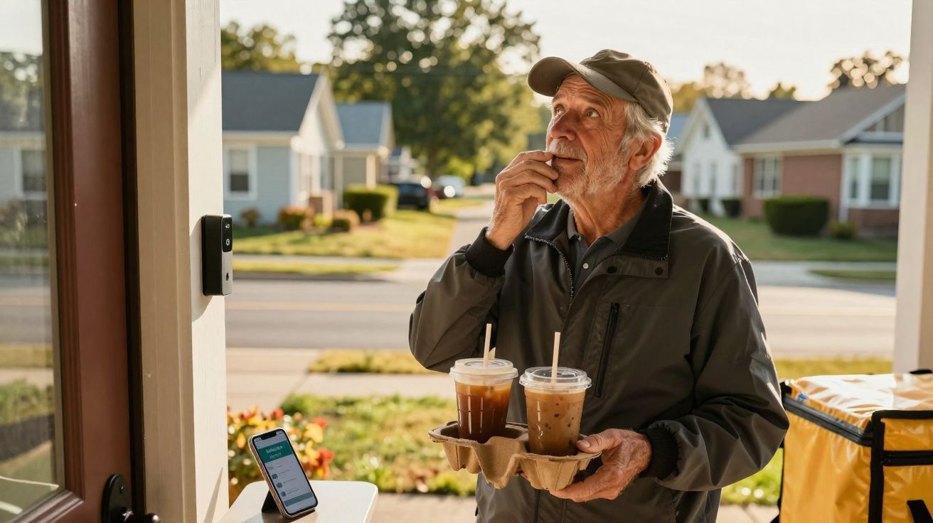 Idoso com boné e casaco segura dois copos de café gelado em suporte, olhando para campainha junto à porta.