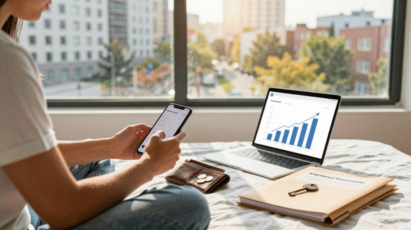 Pessoa num quarto a consultar gráficos financeiros no portátil enquanto usa o telemóvel, com documentos e carteira na cama.