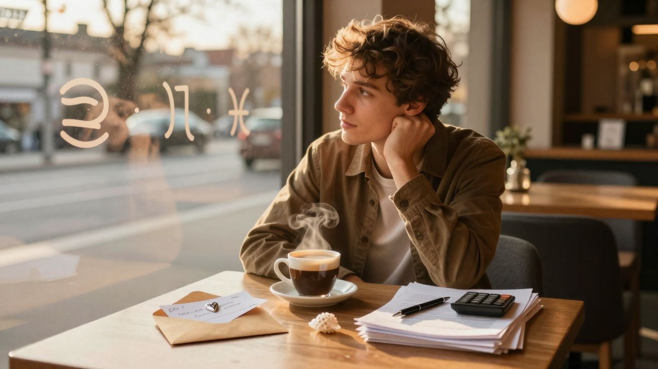 Jovem sentado à mesa de um café com café quente, papéis, envelope e calculadora, olhando pela janela.