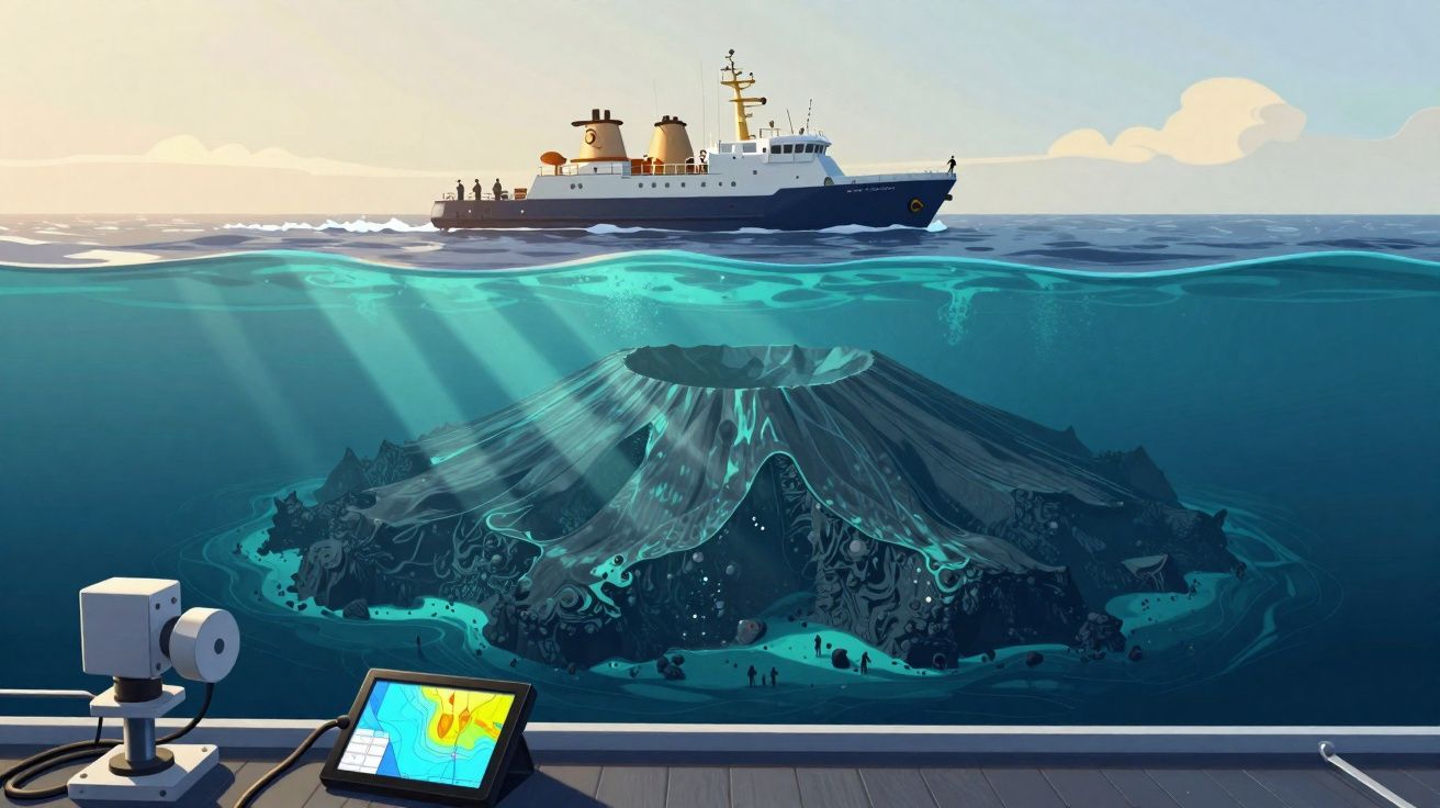 Navio de pesquisa em alto mar com visão subaquática de um vulcão ativo no fundo do oceano.