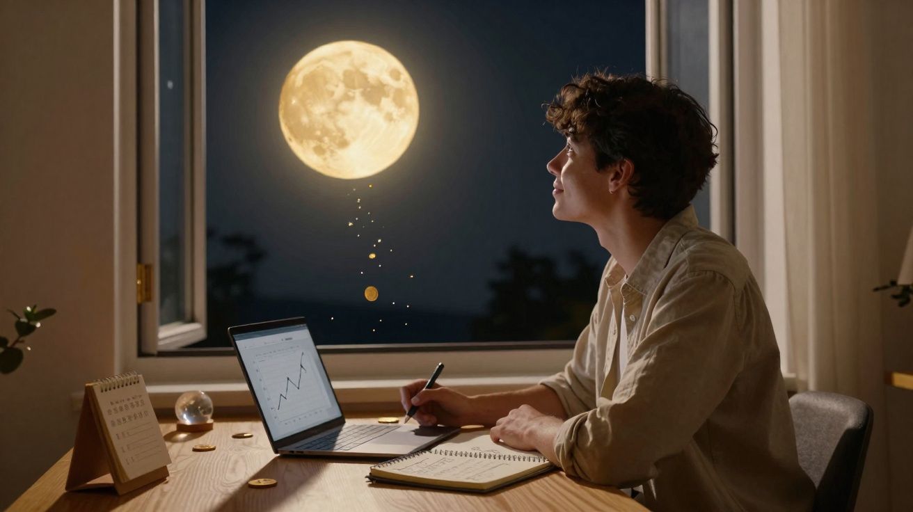 Pessoa a trabalhar num computador portátil junto a uma janela aberta, com uma lua cheia brilhante e moedas flutuantes.