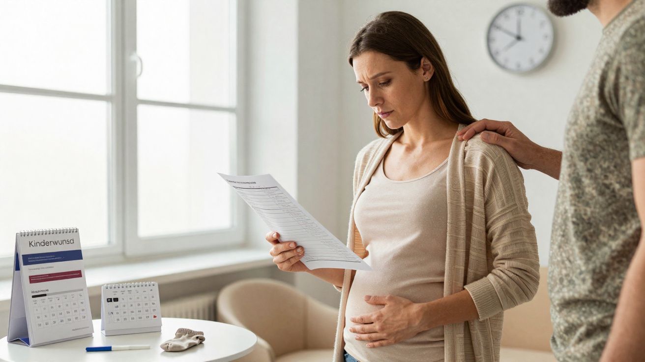 Mulher grávida preocupada lê documento enquanto homem lhe segura o ombro num ambiente iluminado.