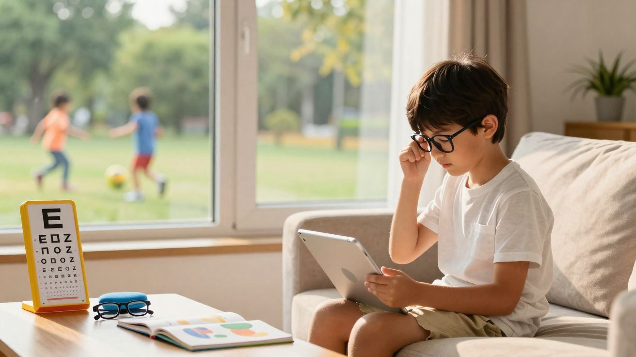 Criança com óculos sentada no sofá a olhar tablet, teste de visão e livros sobre mesa, crianças a brincar ao fundo.