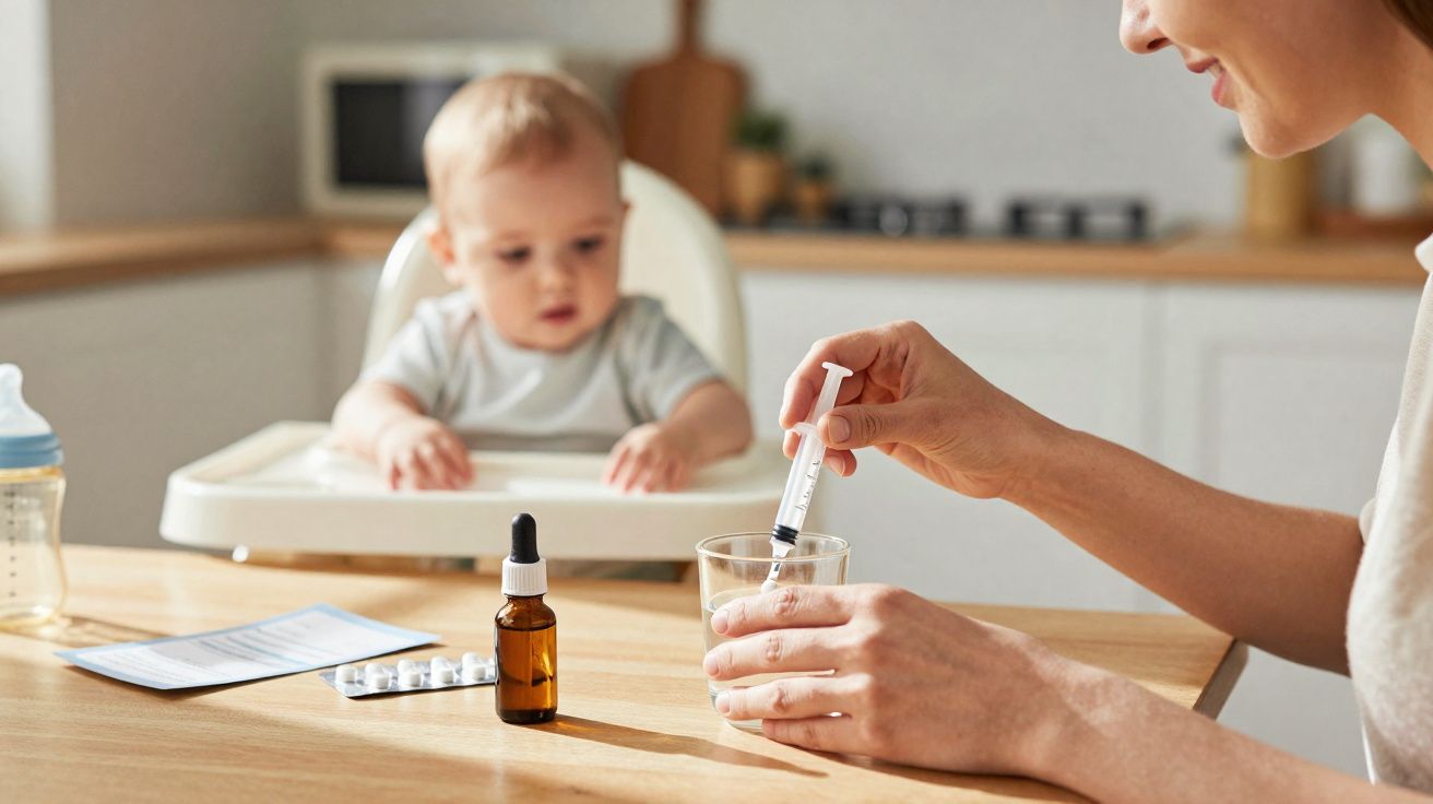 Mãe prepara medicação líquida para bebé sentado na cadeira alta numa cozinha iluminada.