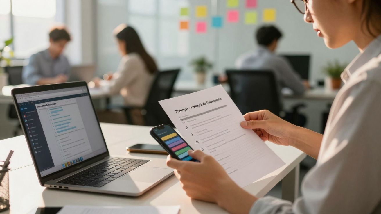 Pessoa a analisar documento e smartphone numa mesa com portátil num escritório moderno com mais colegas ao fundo.