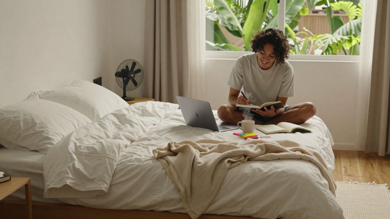 Jovem sentado na cama em quarto iluminado a estudar com caderno, computador e caneca à frente.