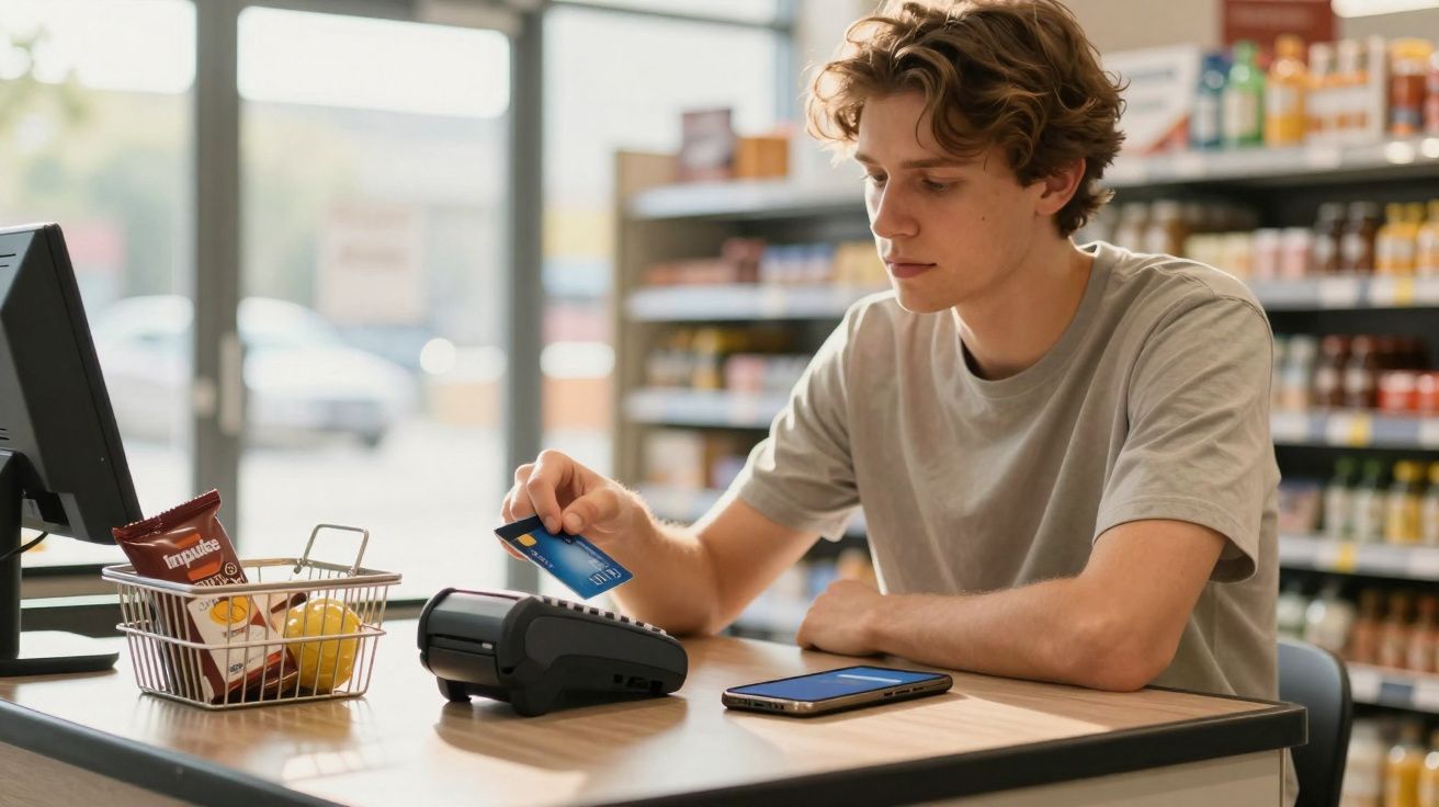 Jovem a pagar com cartão num terminal de pagamento numa loja com produtos nas prateleiras ao fundo.