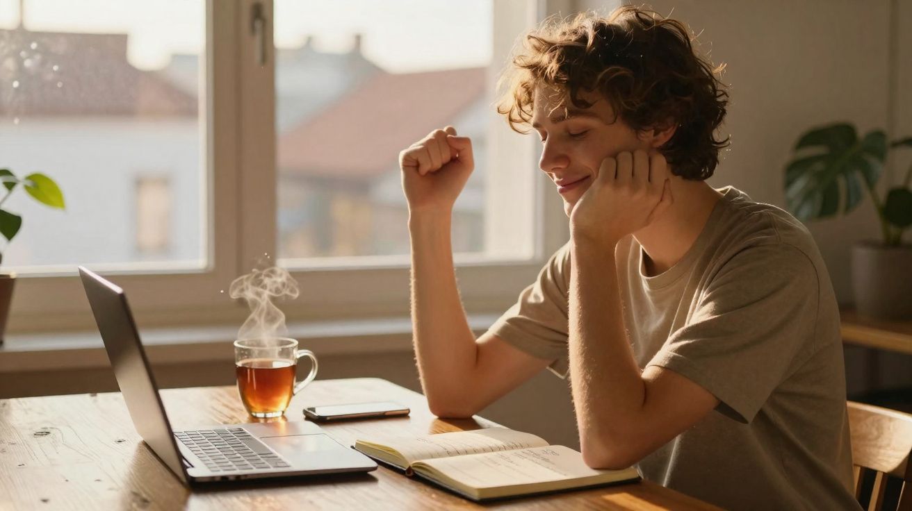 Jovem sentado à mesa com computador aberto e caderno, sorrindo com chá quente numa chávena ao lado.