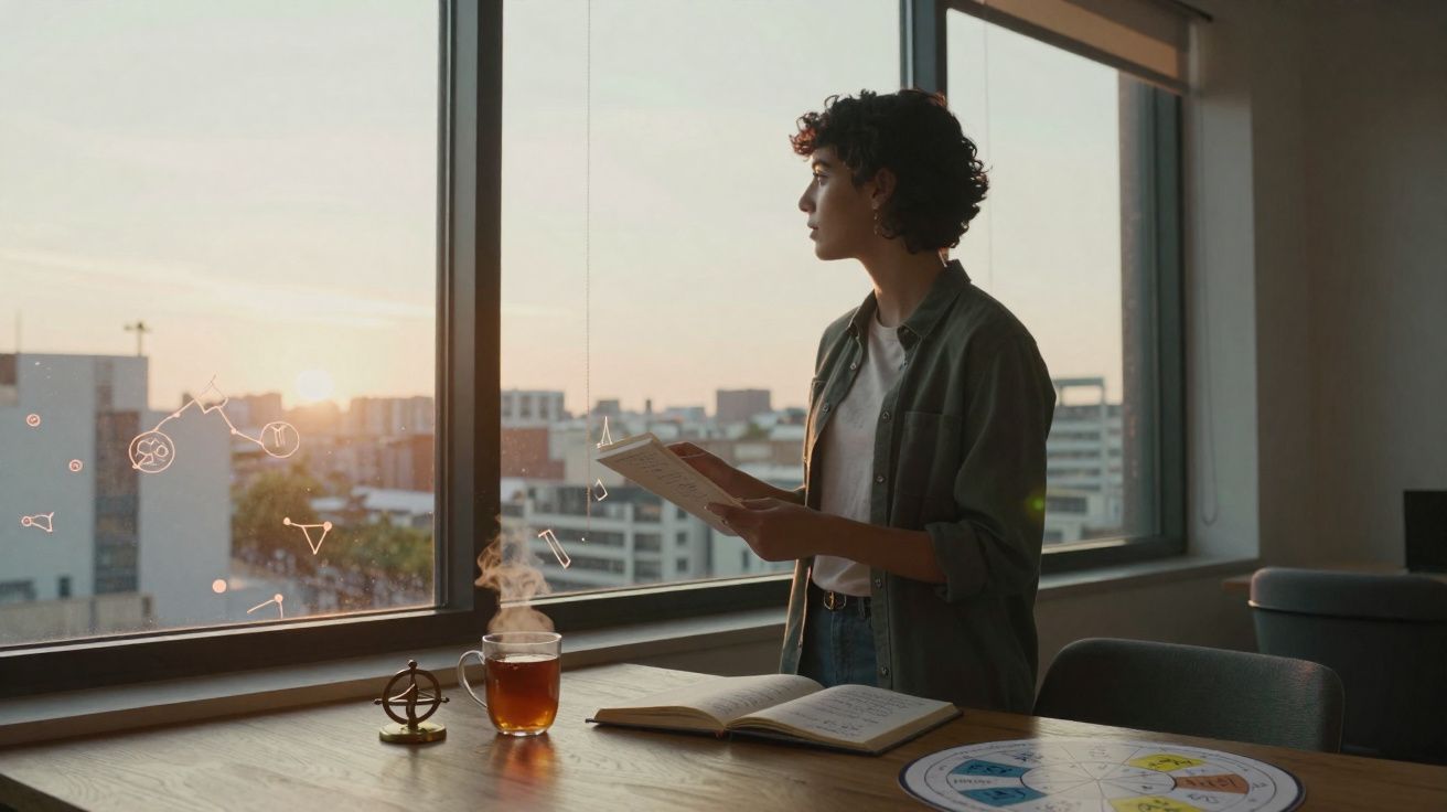 Mulher a ler livro e olhar pela janela ao pôr do sol, mesa com chá quente e objetos, ambiente calmo.
