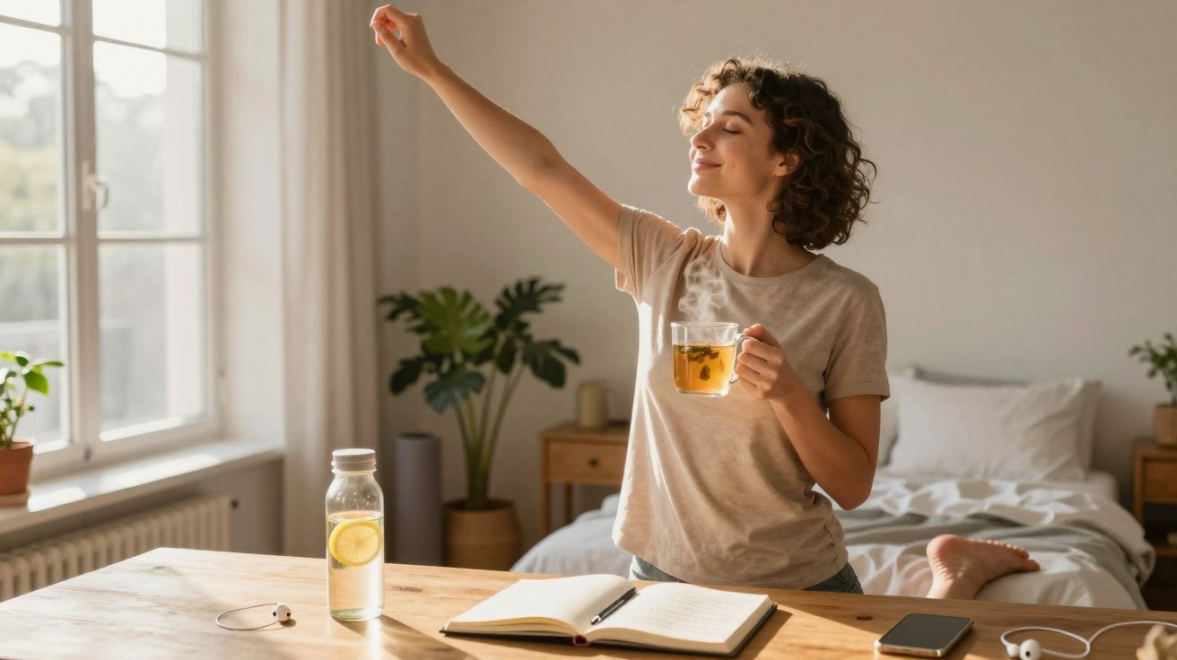 Mulher jovem estica o braço e sorri enquanto segura chá quente numa caneca na cozinha luminosa.