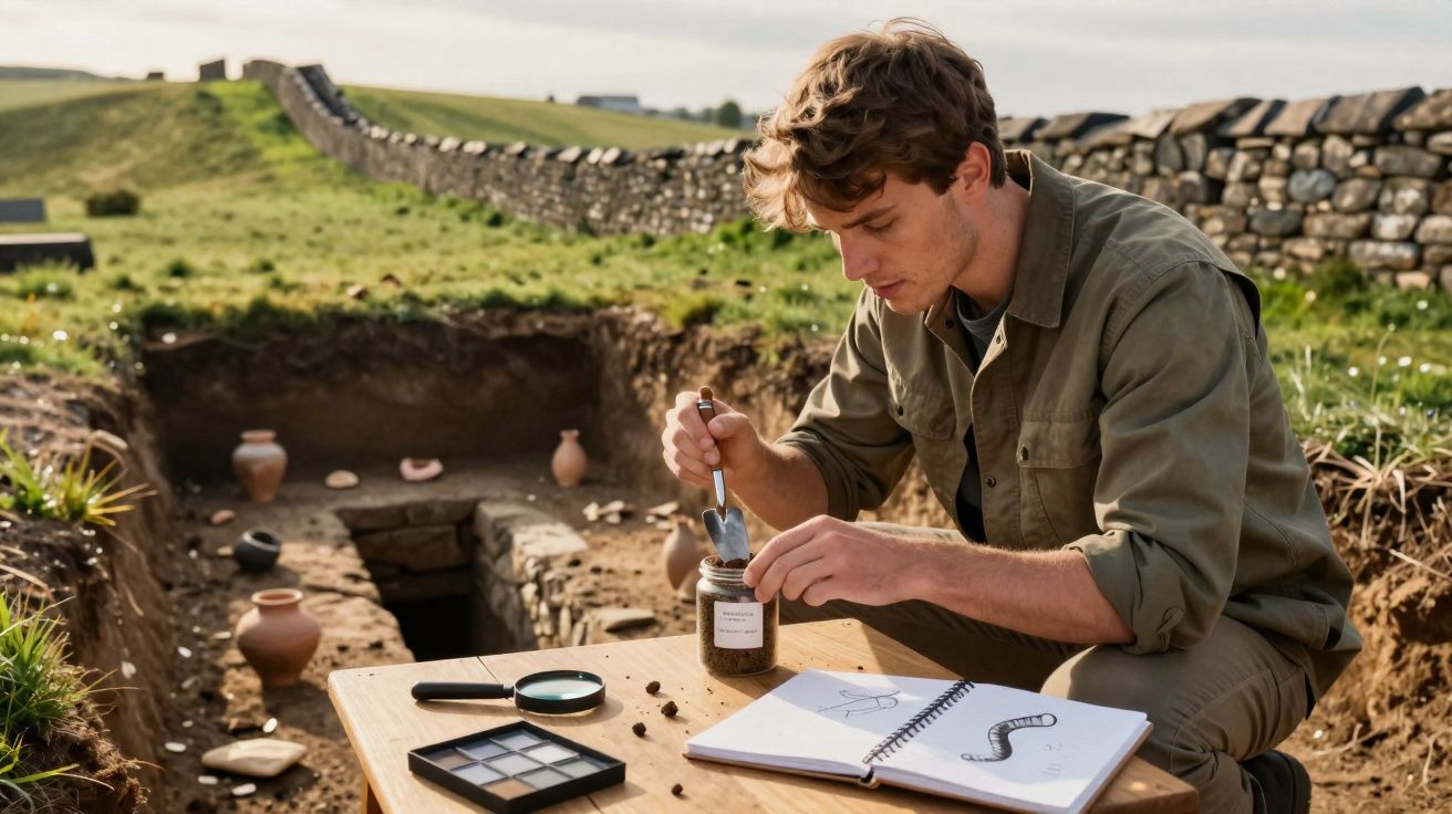 Arqueólogo a analisar amostras em escavação arqueológica ao ar livre com artefactos e desenhos.