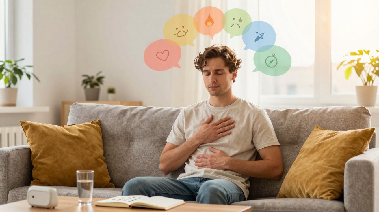 Homem sentado no sofá a meditar, com ícones de emoções coloridas acima da cabeça.