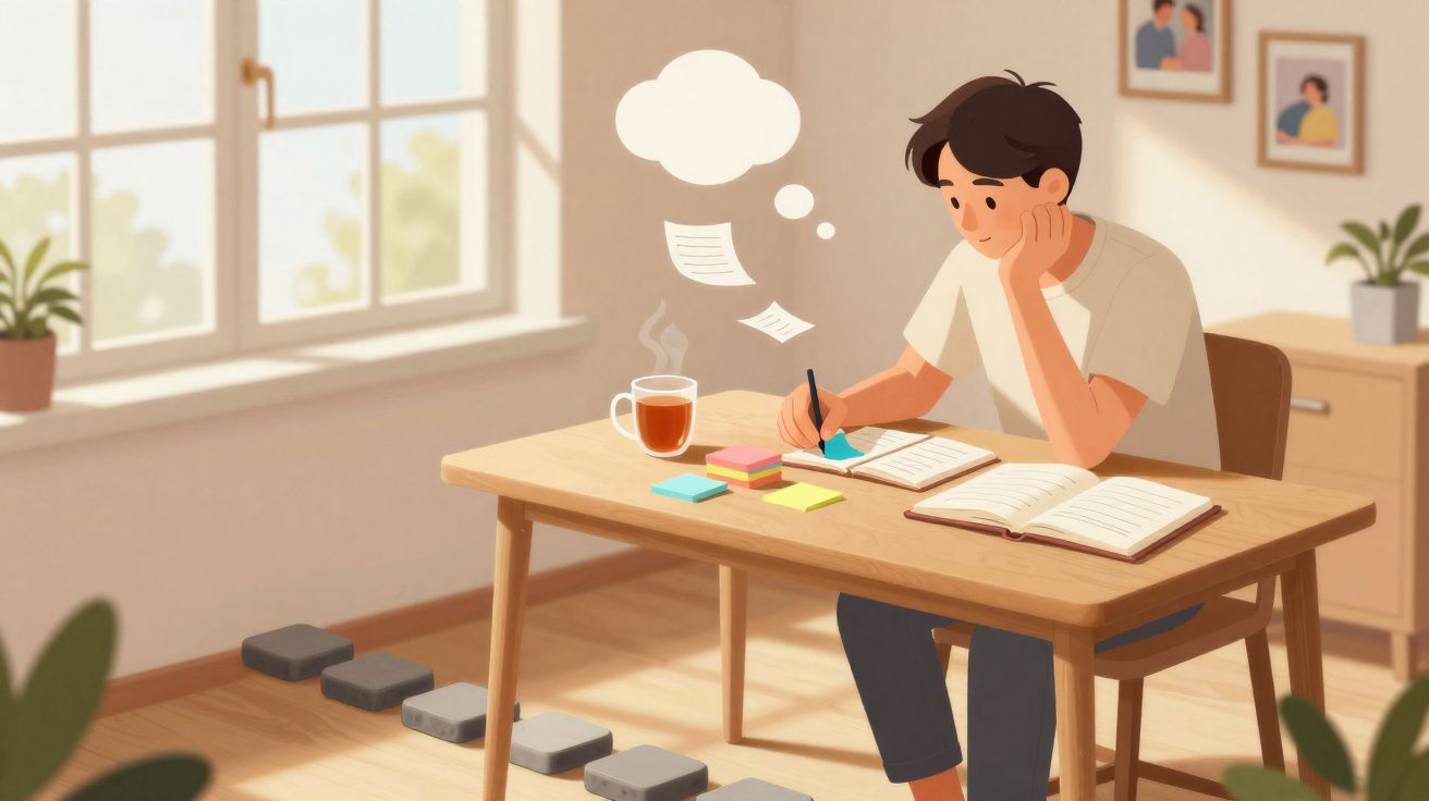 Jovem sentado a escrever anotações numa mesa com chá, livros e notas autocolantes numa sala iluminada.