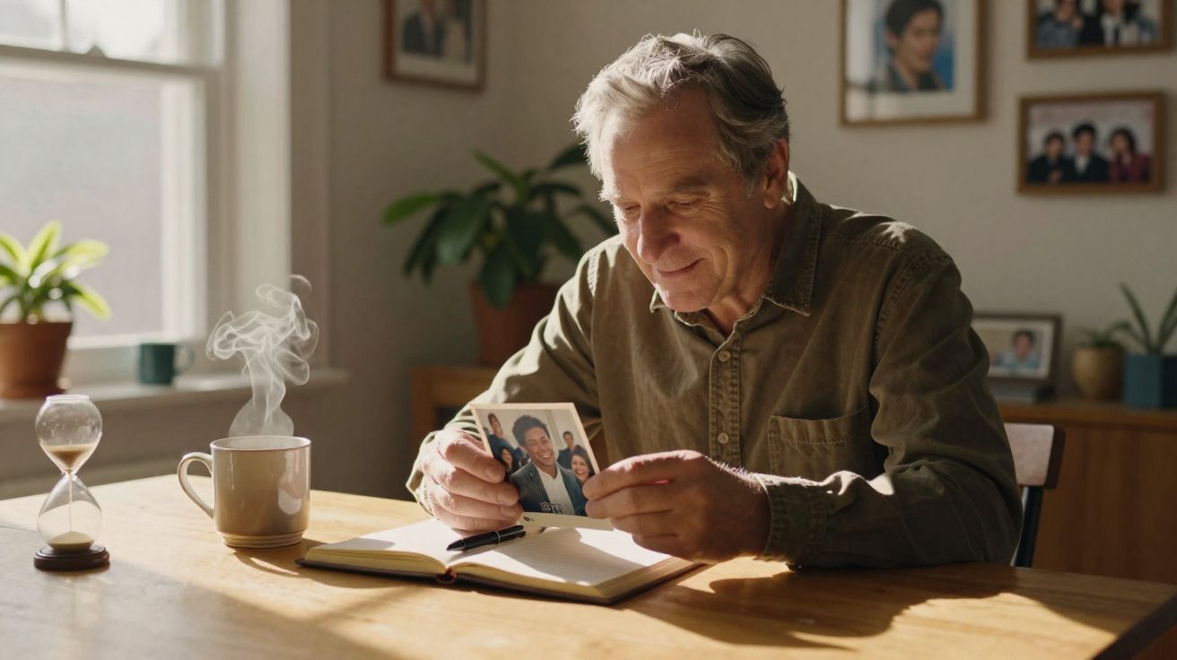 Homem idoso sentado à mesa a olhar com carinho para uma fotografia de família, junto a uma chávena de café quente.