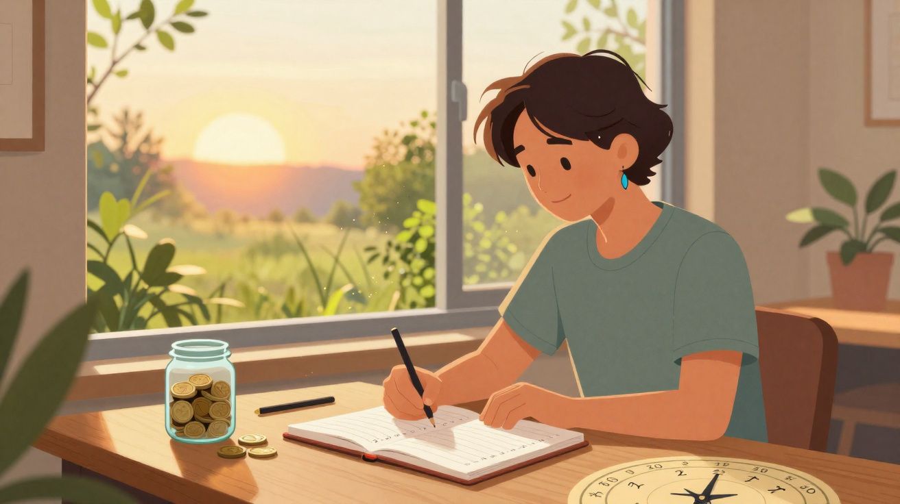 Pessoa a escrever num diário numa mesa junto a uma janela com vista para um pôr do sol e plantas.