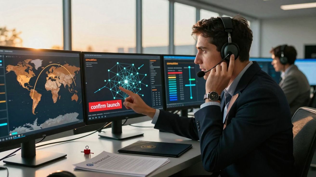 Jovem com headset numa sala de controlo, interagindo com vários ecrãs que mostram mapas e gráficos digitais.