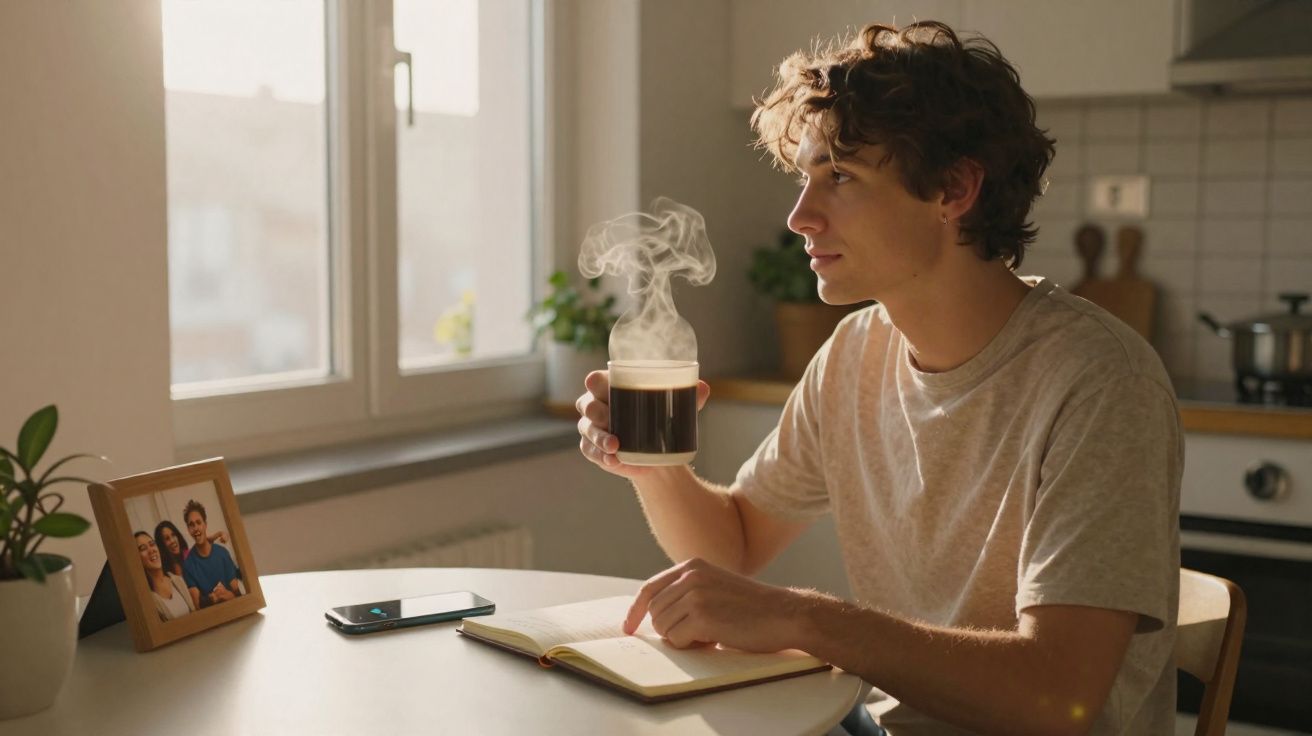 Jovem sentado à mesa a beber café quente e a ler um livro numa cozinha luminosa e acolhedora.
