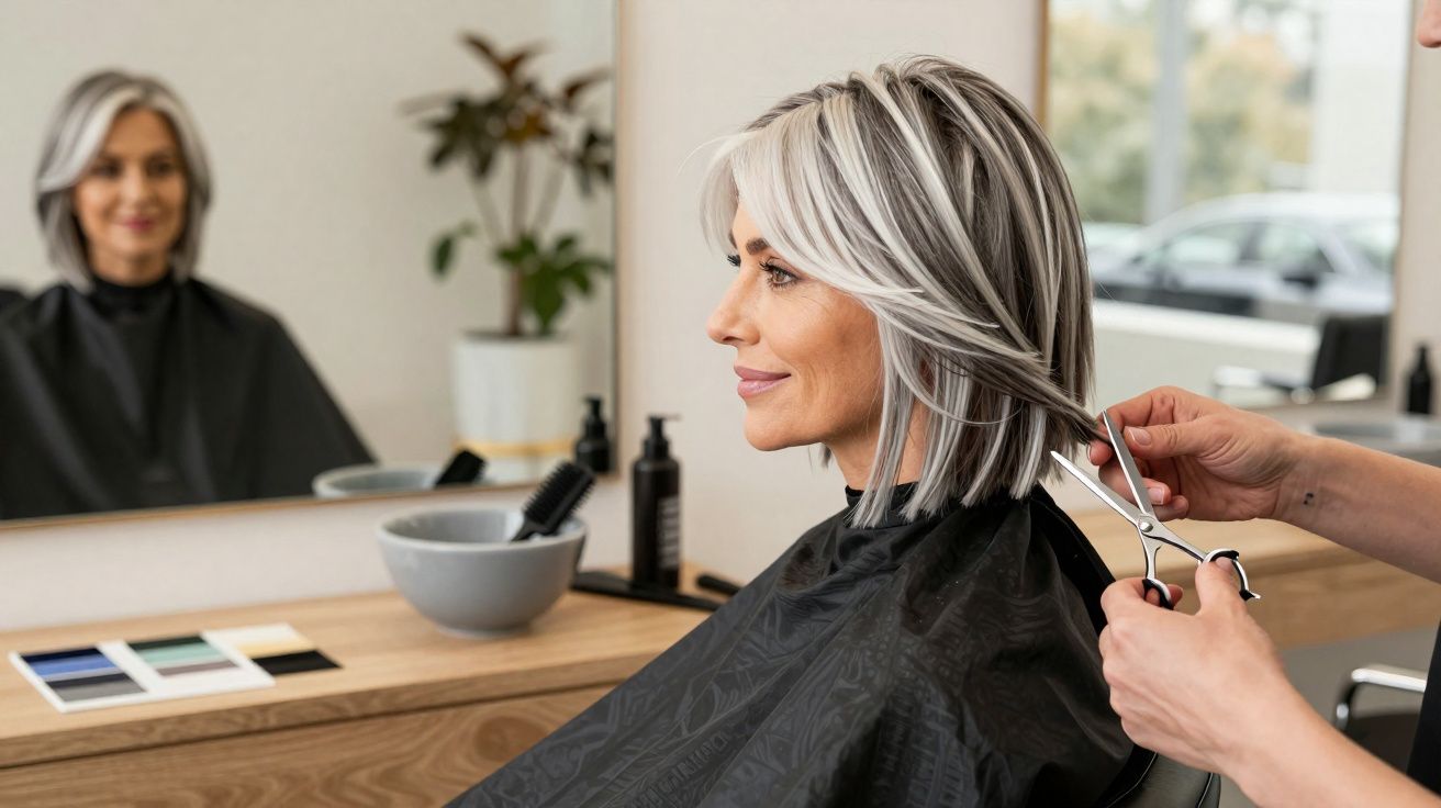 Mulher sorridente a cortar cabelo curto grisalho num salão de beleza, com espelho ao fundo.