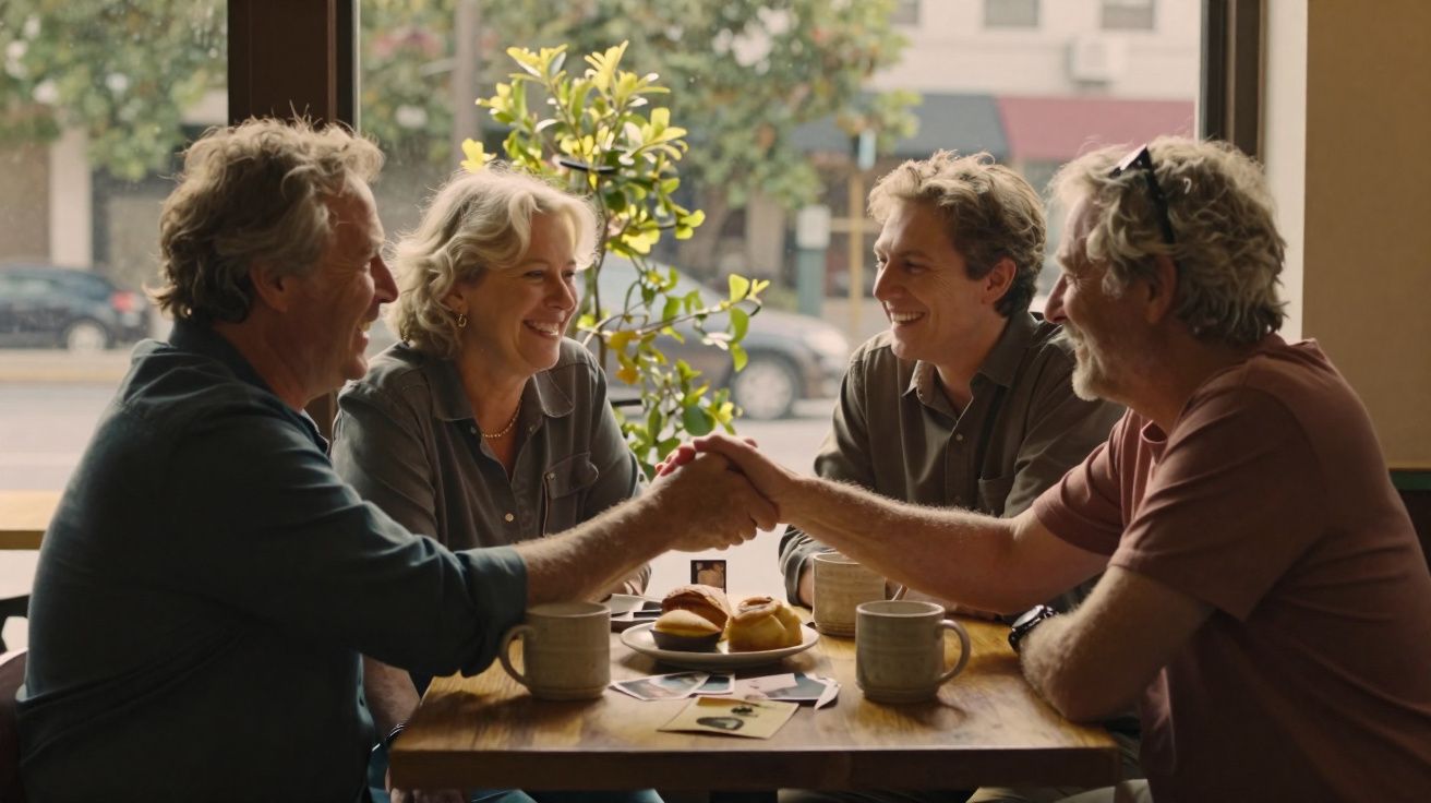 Quatro pessoas sentadas à mesa num café, sorrindo e apertando as mãos, com bolos e café à sua frente.
