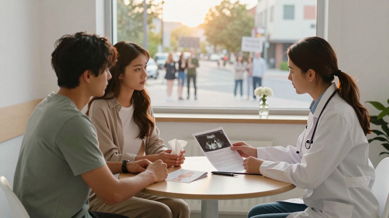 Casal jovem recebe uma consulta médica com uma médica que mostra uma ecografia numa sala iluminada.