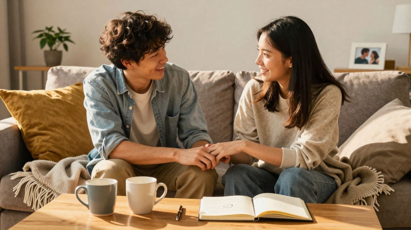 Casal jovem sentado no sofá, sorrindo e de mãos dadas, com duas canecas e um caderno aberto na mesa.