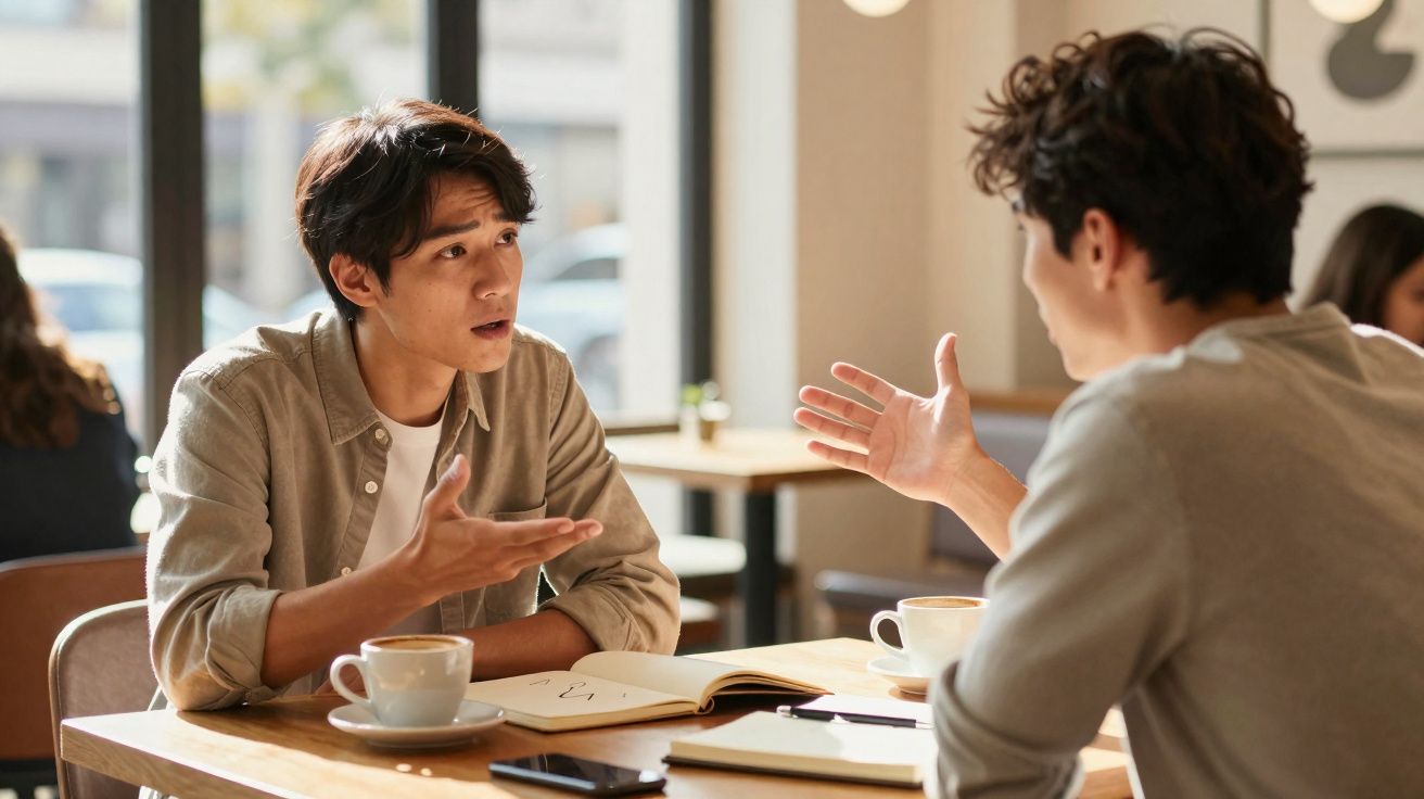 Duas pessoas sentadas num café a conversarem de forma intensa, com cadernos e chávenas à frente.