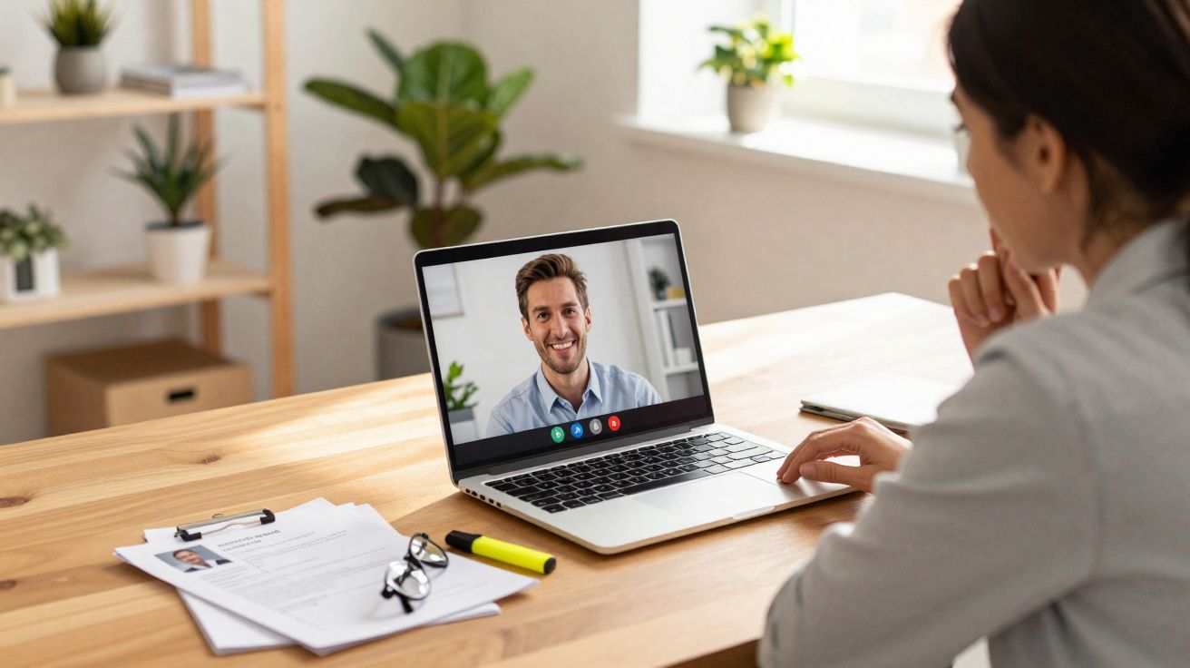 Mulher em chamada de vídeo com homem numa sala iluminada, com documentos e óculos sobre a mesa de madeira.