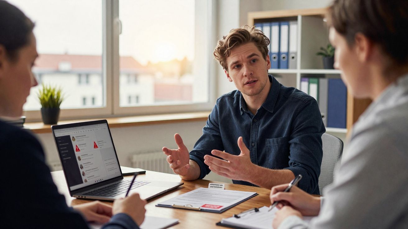 Homem a discutir documentos com duas pessoas numa reunião de escritório durante o dia.