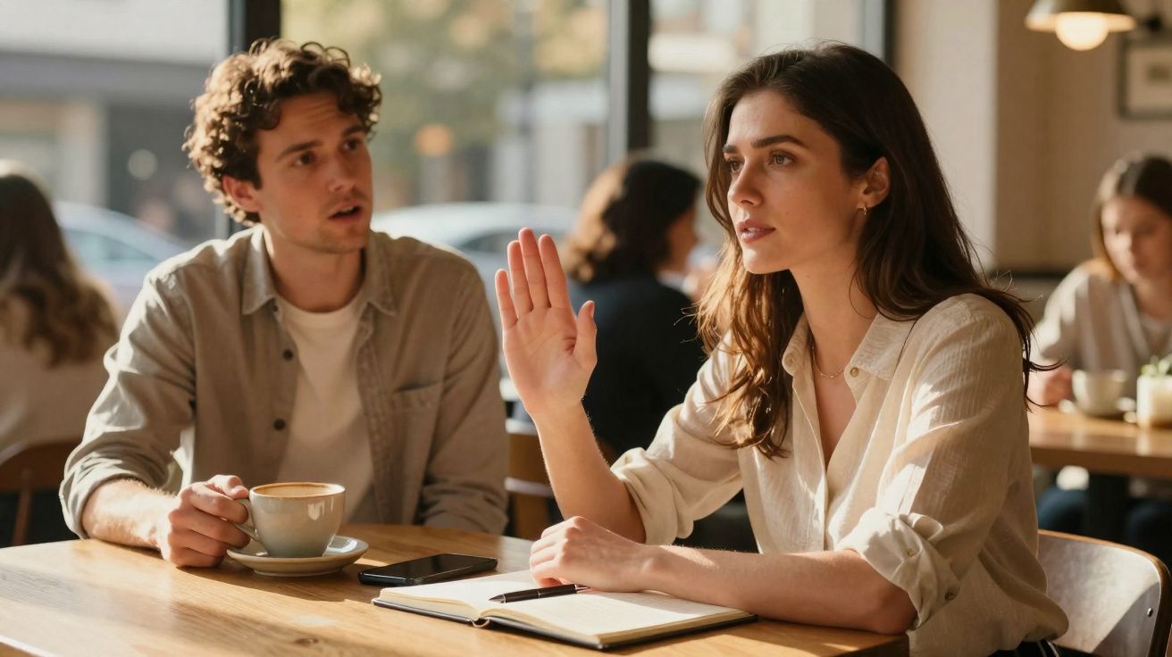 Mulher a sinalizar para homem numa conversa num café, com caderno aberto e telemóvel na mesa.
