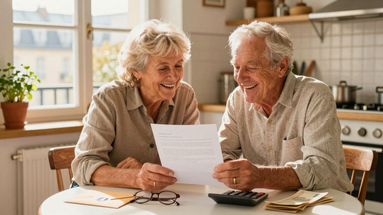 Casal sénior sorridente analisa documentos e finanças à mesa da cozinha iluminada pela luz natural.