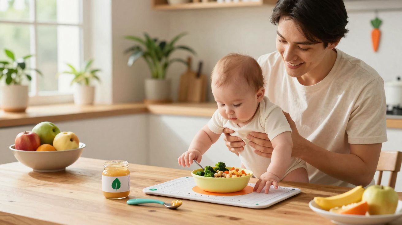 Adulto a ajudar bebé a experimentar comida saudável numa cozinha iluminada.