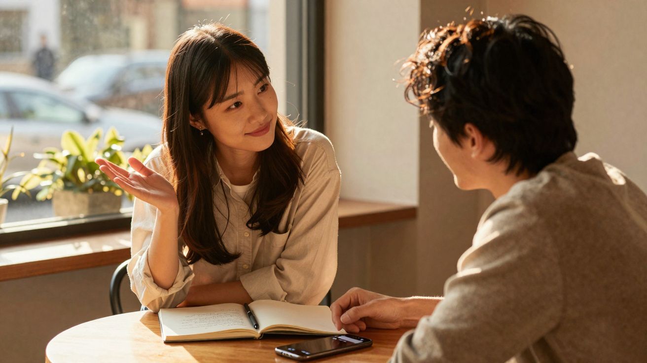Duas pessoas sentadas à mesa num café, conversando com um caderno e telemóvel à frente.