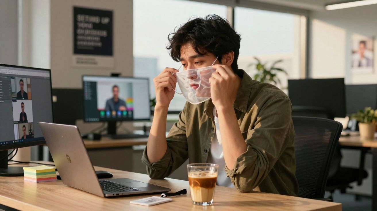 Homem num escritório a colocar máscara transparente sentado à secretária com computador e café.