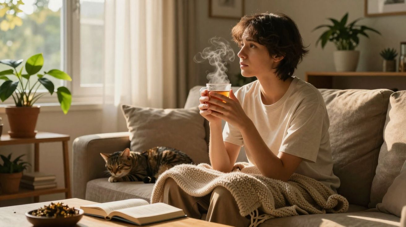 Pessoa sentada no sofá com chá quente, coberta por uma manta, com gato e plantas ao fundo.