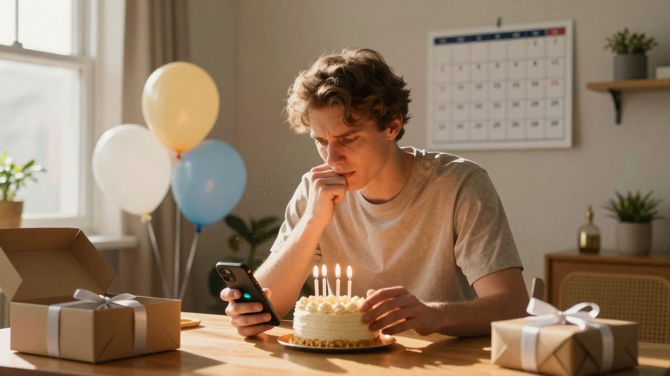 Jovem sozinho com bolo de aniversário, velas acesas, presentes e balões, olhando para o telemóvel.