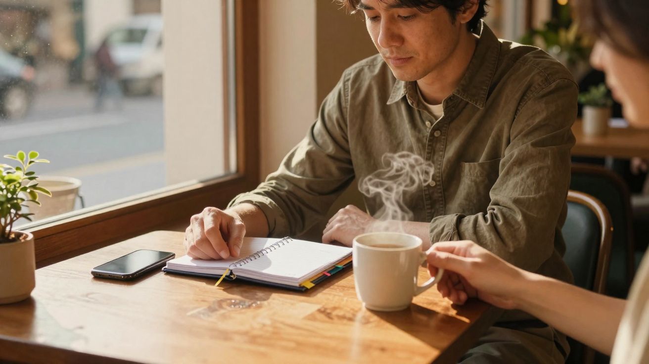 Homem sentado à mesa de café a escrever num caderno com chá quente e telefone ao lado.