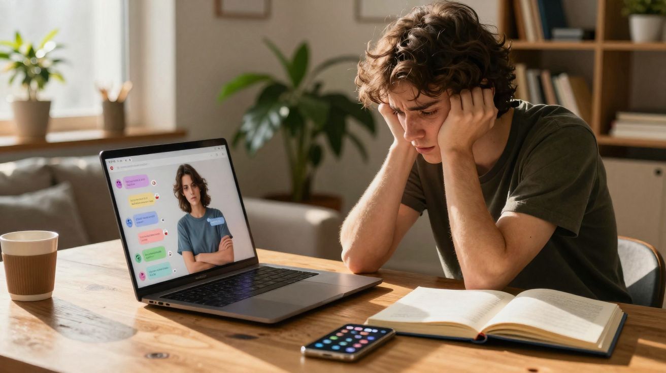 Jovem preocupado a estudar em casa com livro aberto, laptop a mostrar conversa online e telemóvel na mesa.