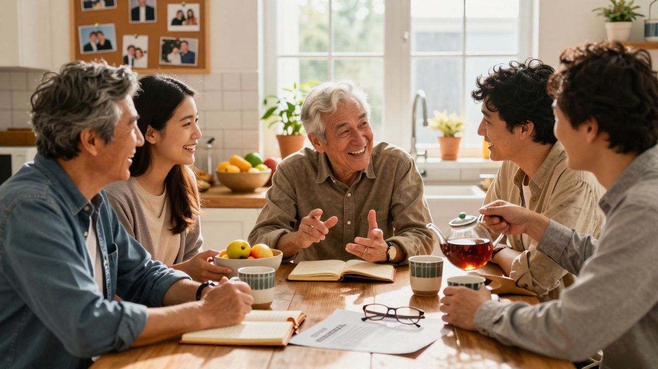 Grupo de pessoas a sorrir e conversar numa cozinha durante uma reunião informal com chá e cadernos.