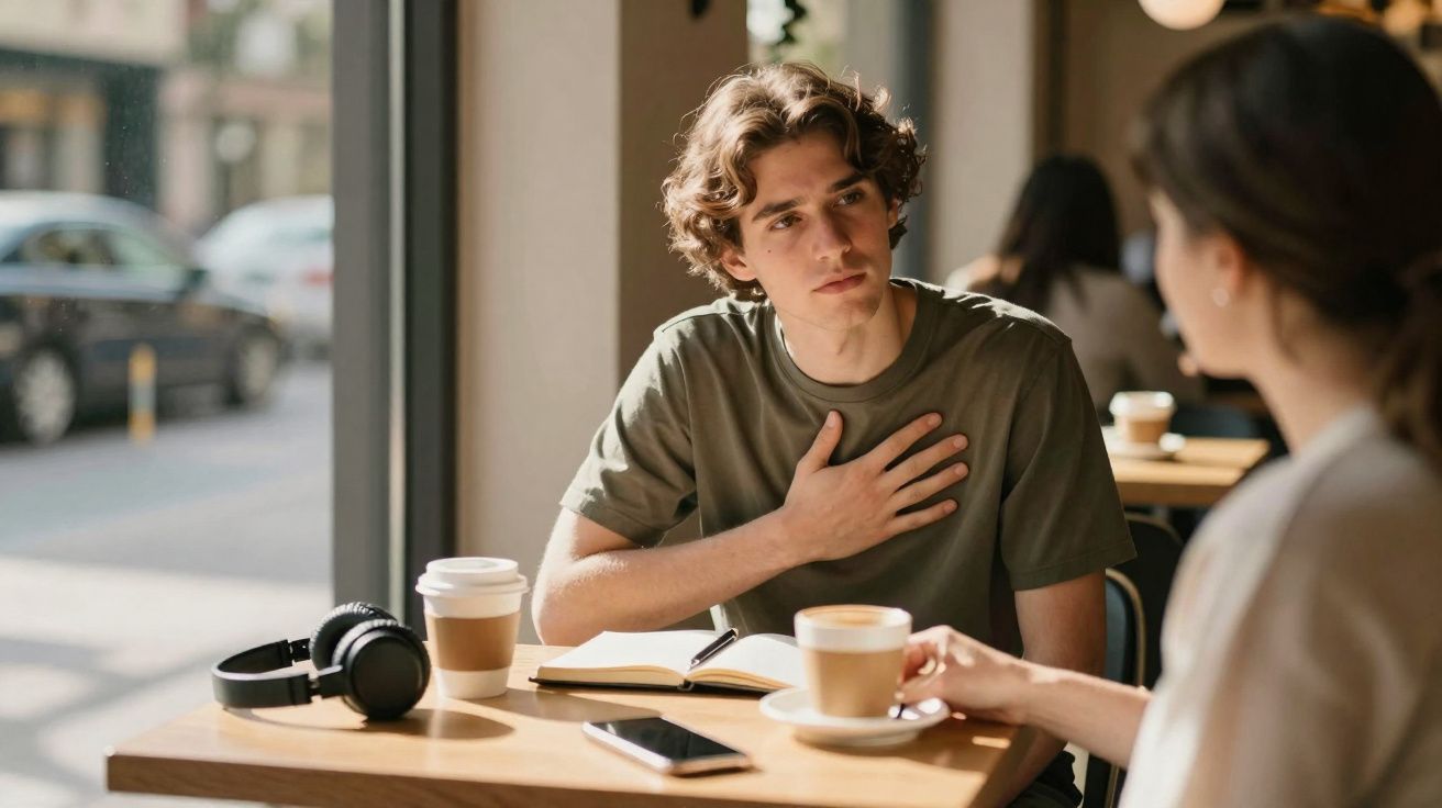 Jovem sentado numa cafetaria a conversar seriamente com uma mulher, com café e auscultadores na mesa.
