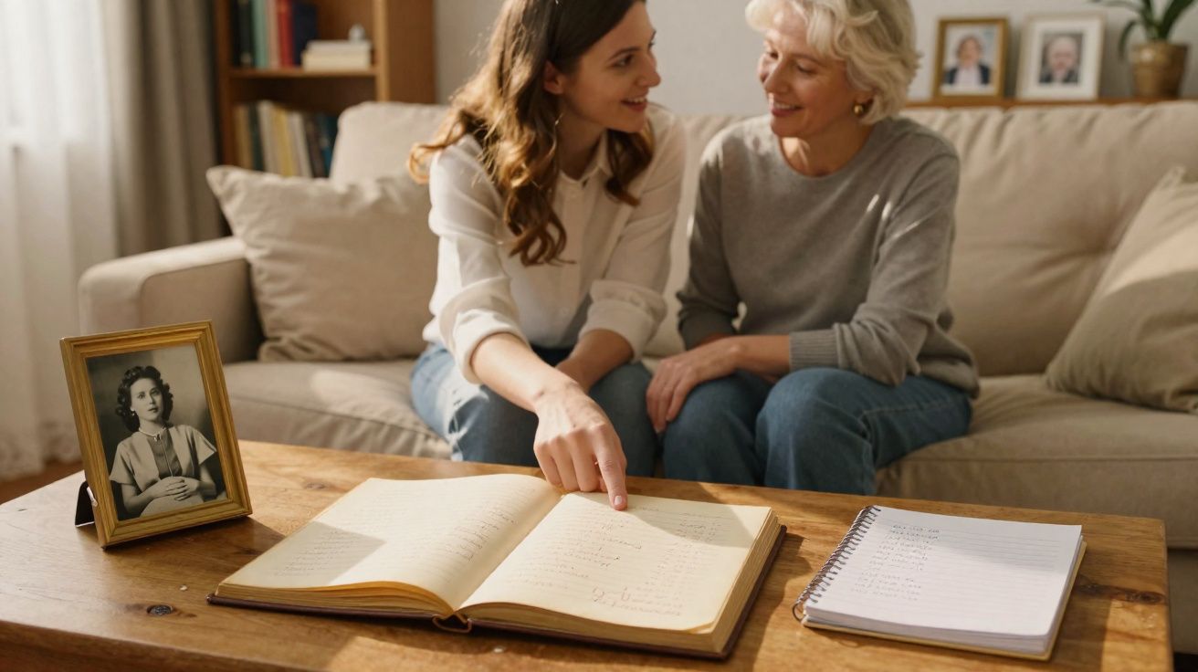 Duas mulheres sentadas no sofá a olhar e apontar para um álbum antigo numa mesa de madeira.