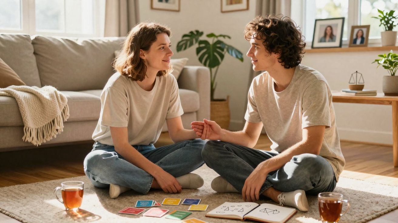 Casal sentado no chão a jogar cartas e sorrir num ambiente acolhedor e iluminado em casa.