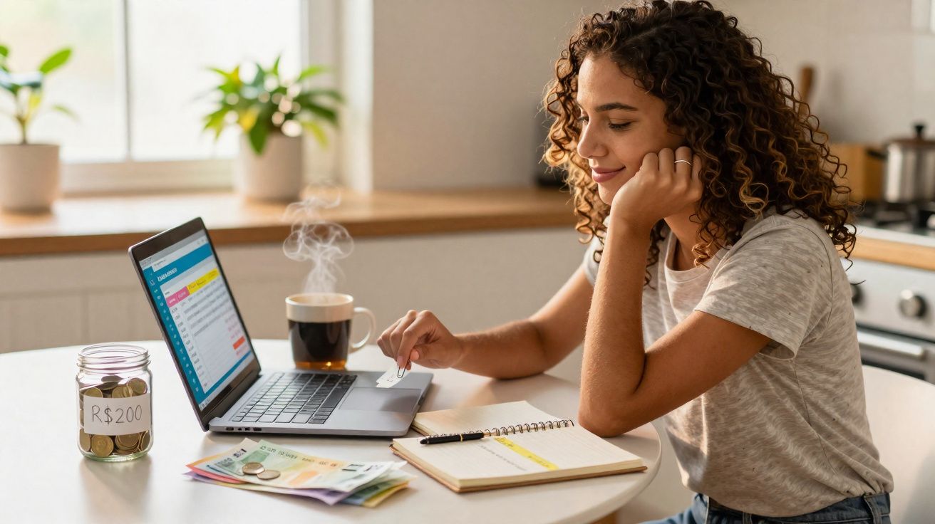 Mulher sorridente a organizar finanças no portátil com notas, moedas, jarro etiquetado e caderno à sua frente.