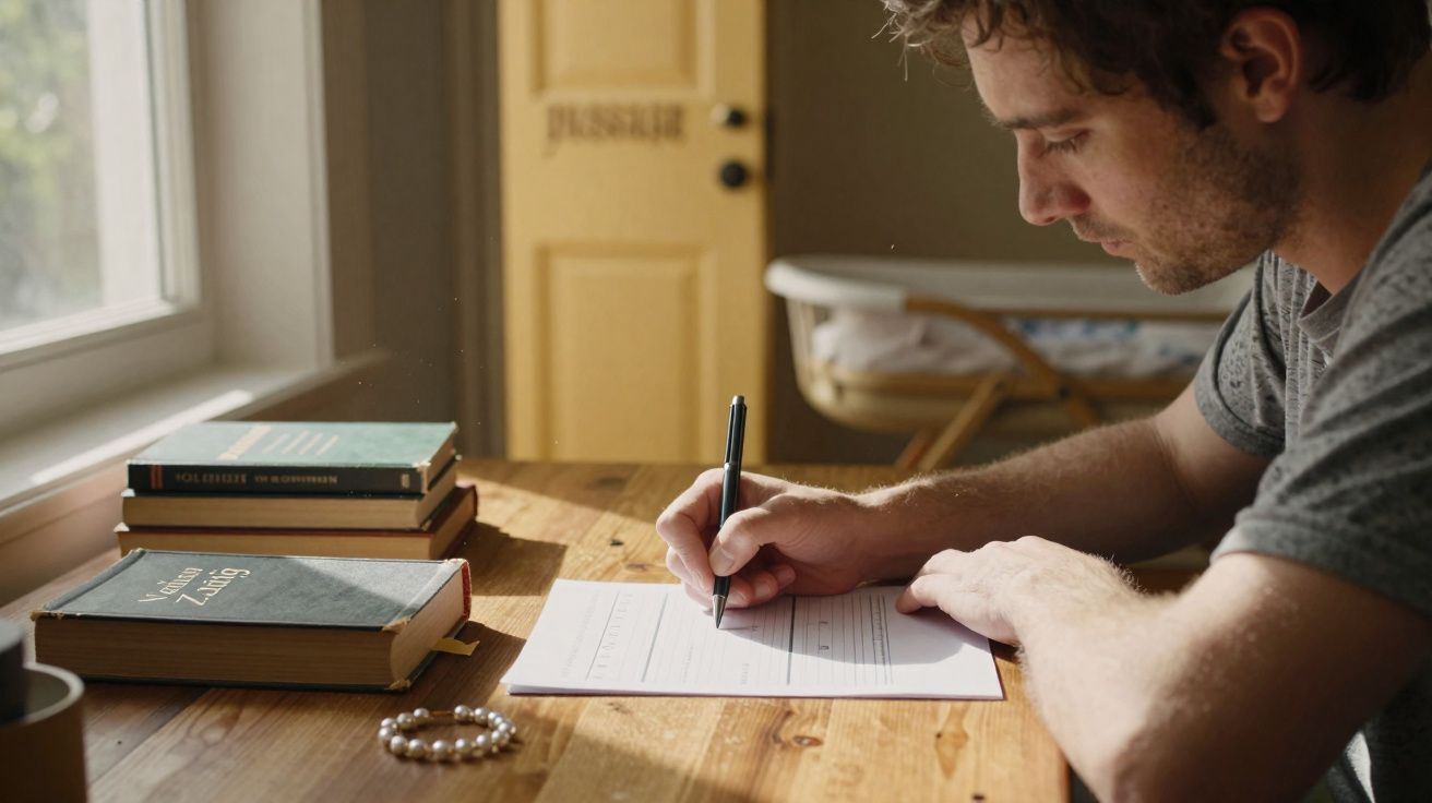 Homem sentado a escrever num papel numa mesa de madeira com livros e uma pulseira ao lado.
