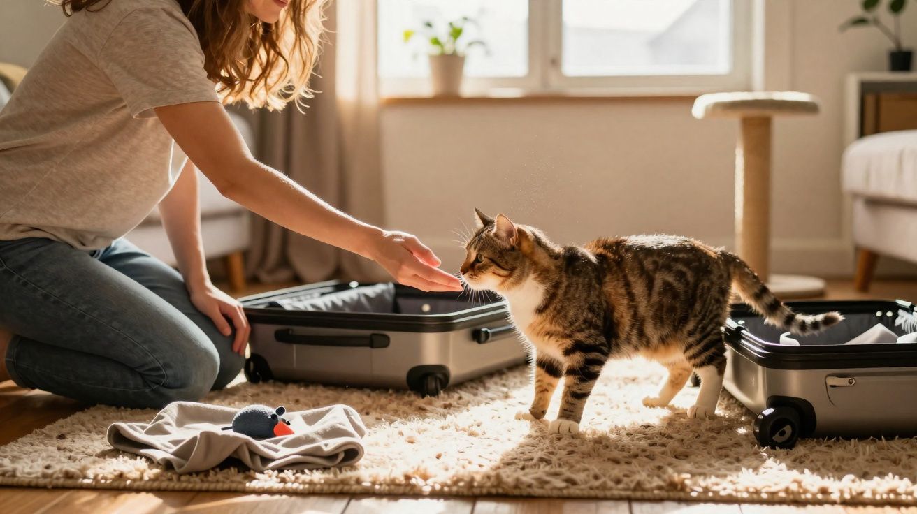 Mulher sentada no chão com mala aberta e gato a aproximar-se para cheirar a mão dela.