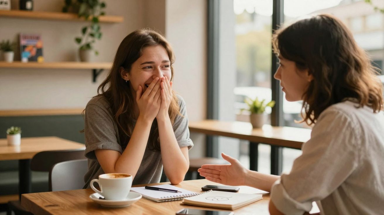Duas mulheres a conversar animadamente numa cafeteria, com uma a sorrir e outra a gesticular.