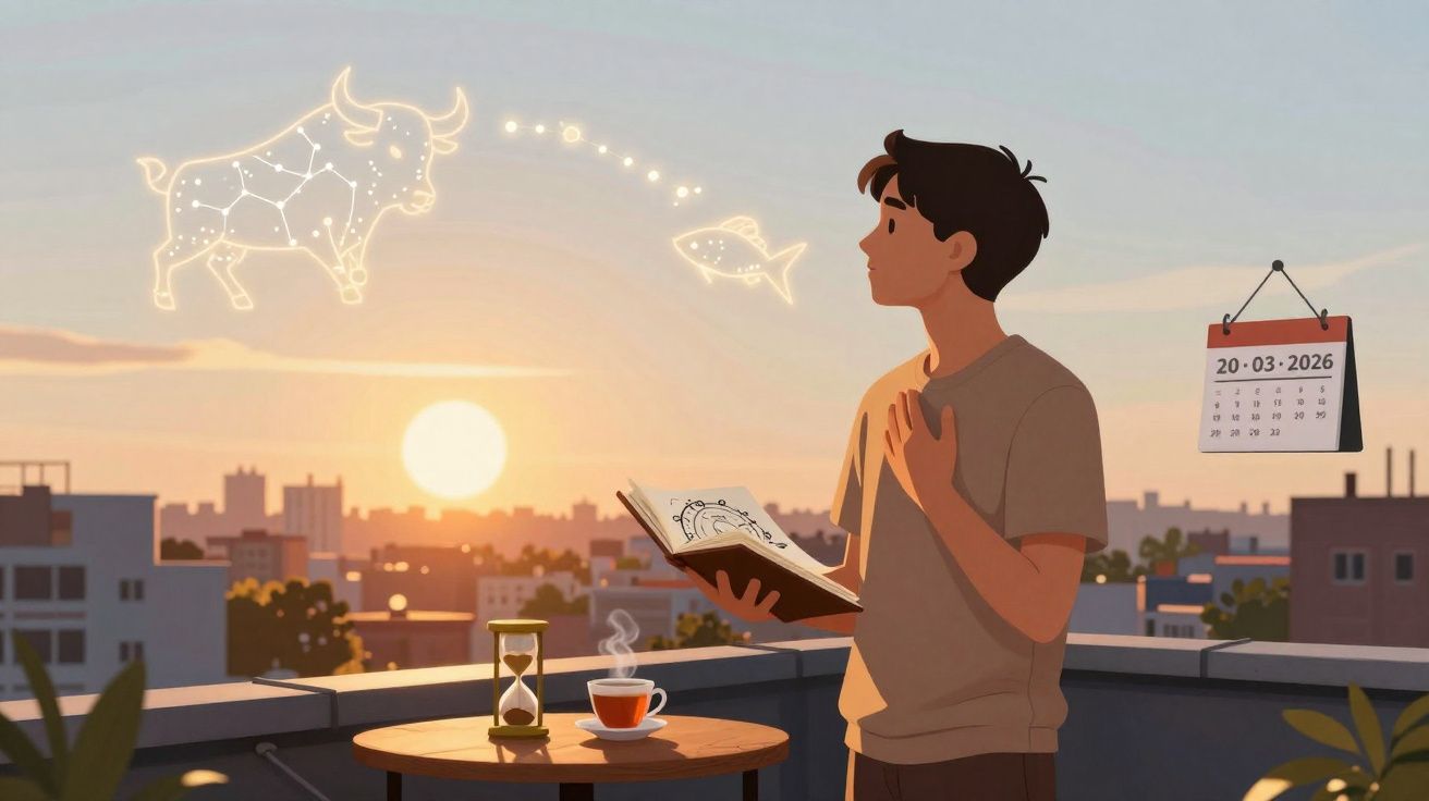 Jovem debruçado numa varanda ao pôr do sol, olhando para constelações de touro e peixes no céu, com calendário de 20/03/2026.