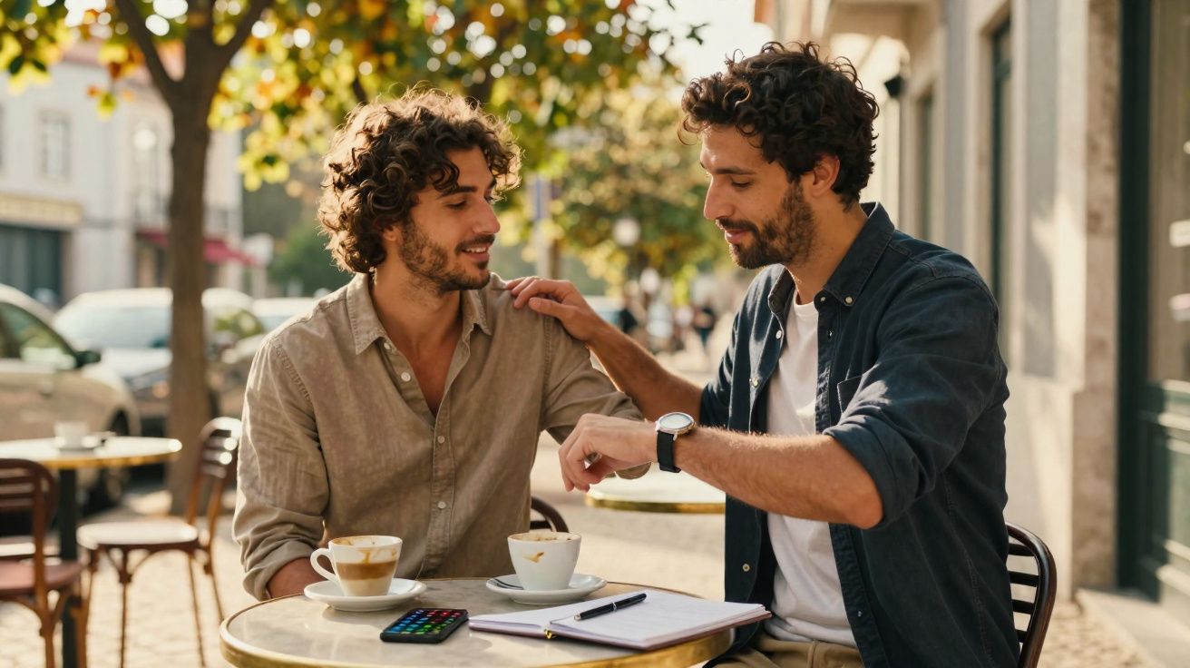 Dois homens conversam num café ao ar livre numa tarde soalheira, com cafés e documentos na mesa.