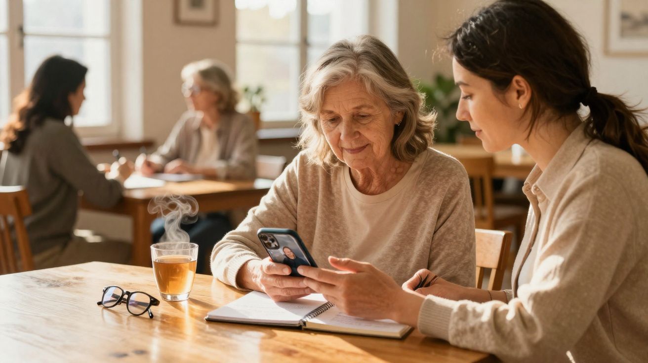 Duas mulheres sentadas à mesa, uma a mostrar o telemóvel à outra, com chá e óculos na mesa.