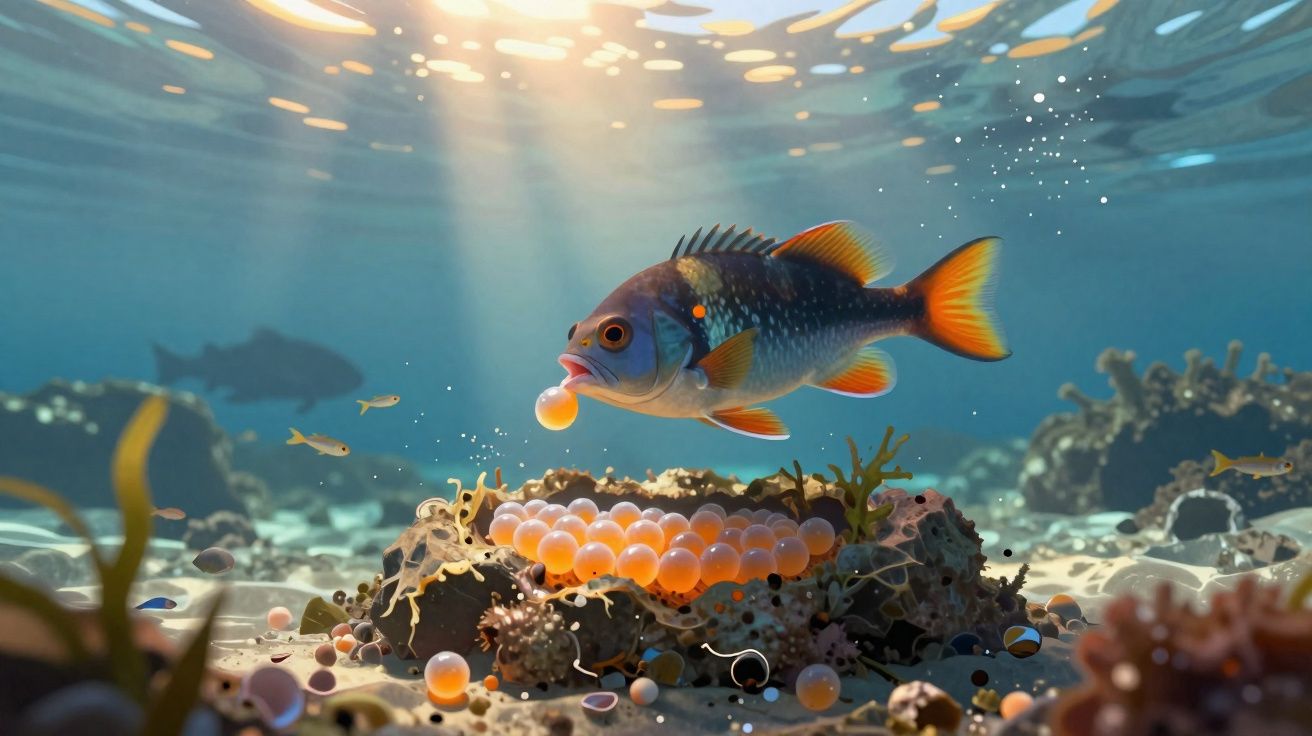 Peixe colorido a cuidar dos ovos num ambiente subaquático iluminado pela luz do sol.
