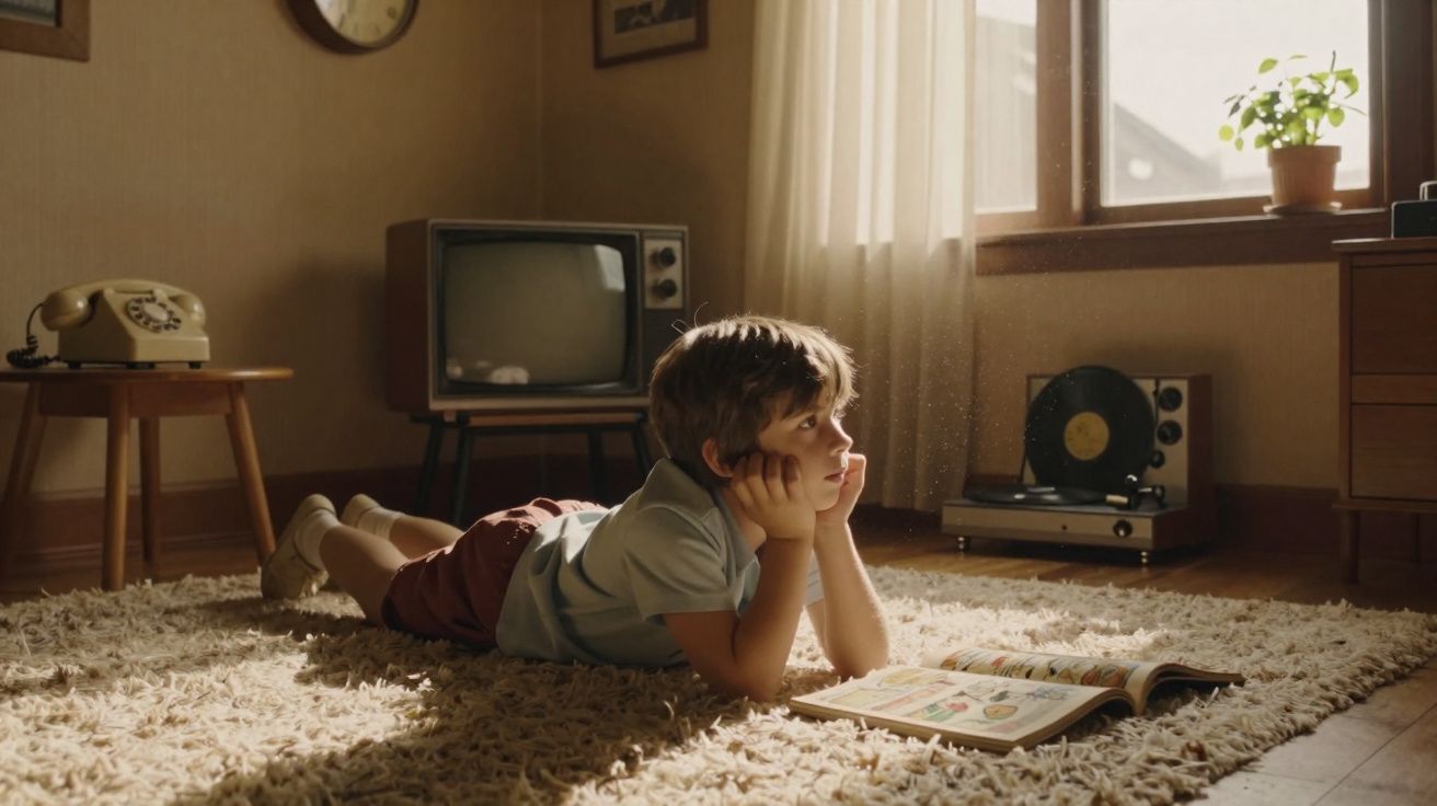 Criança deitada numa sala vintage a olhar pela janela com livro aberto e luz suave a entrar.